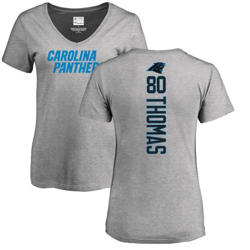 Carolina Panthers Ash Women Ian Thomas Backer V-Neck NFL Football #80 T Shirt